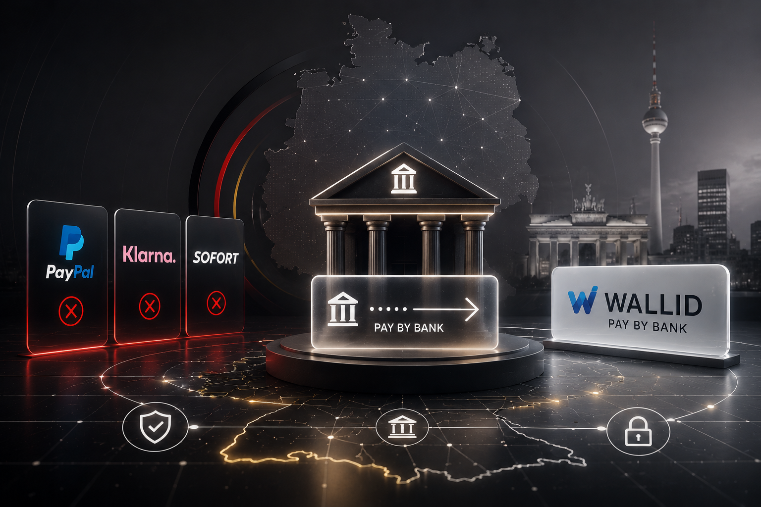 Futuristische Darstellung von Pay-by-Bank-Zahlungen in Deutschland mit direkter Konto-zu-Konto-Zahlungsinfrastruktur Wallid Branding und alternativen Zahlungsmethoden für High-Risk-E-Commerce-Händler.