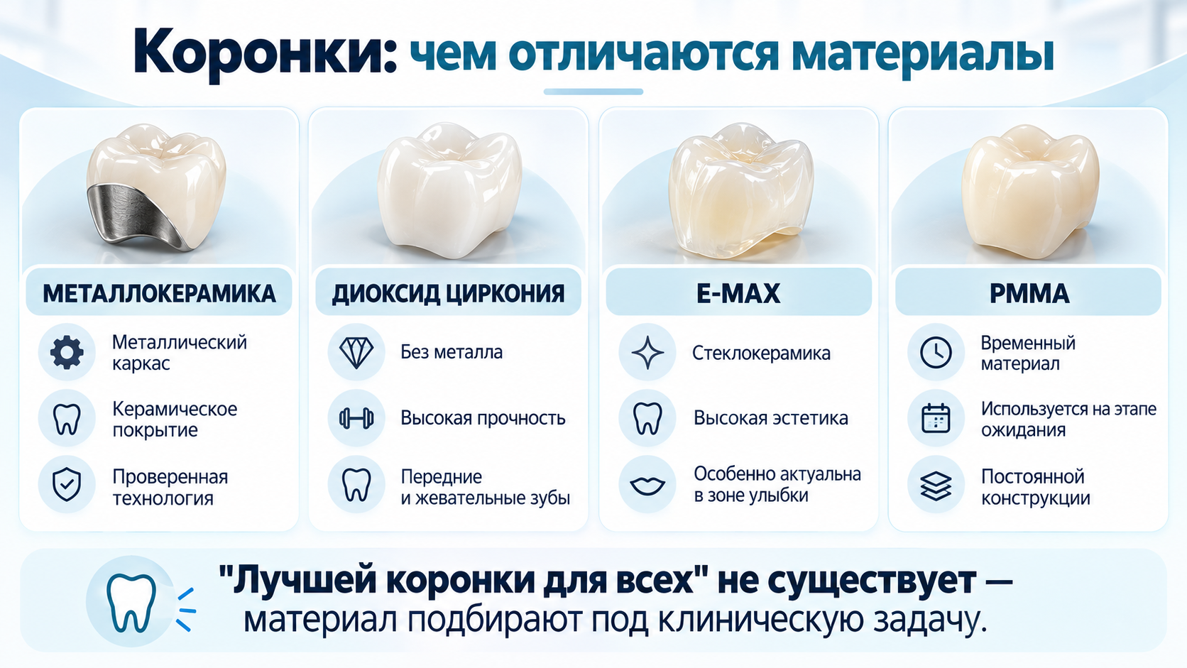 Сравнение металлокерамики циркония E-max и PMMA для зубных коронок