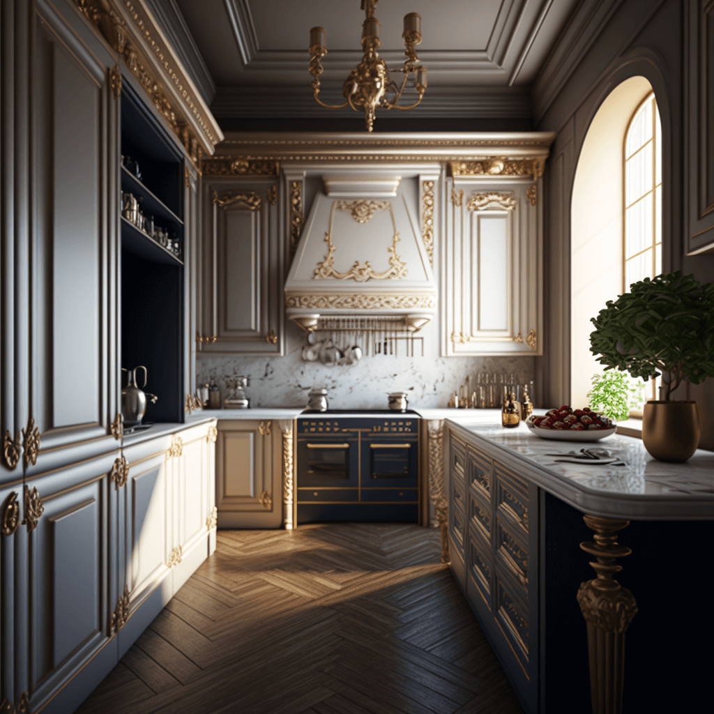 An intricately detailed 3D model of a luxury kitchen, brought to life with Thea Render