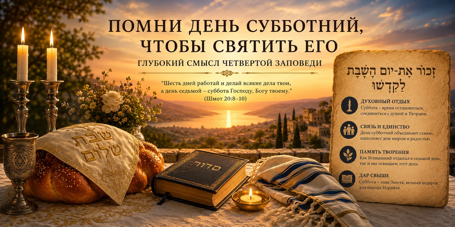 Иллюстрация о святости Шаббата и четвёртой заповеди — субботние свечи, халы, сидур, талит и закат над Иерусалимом, символизирующие духовный смысл дня покоя.