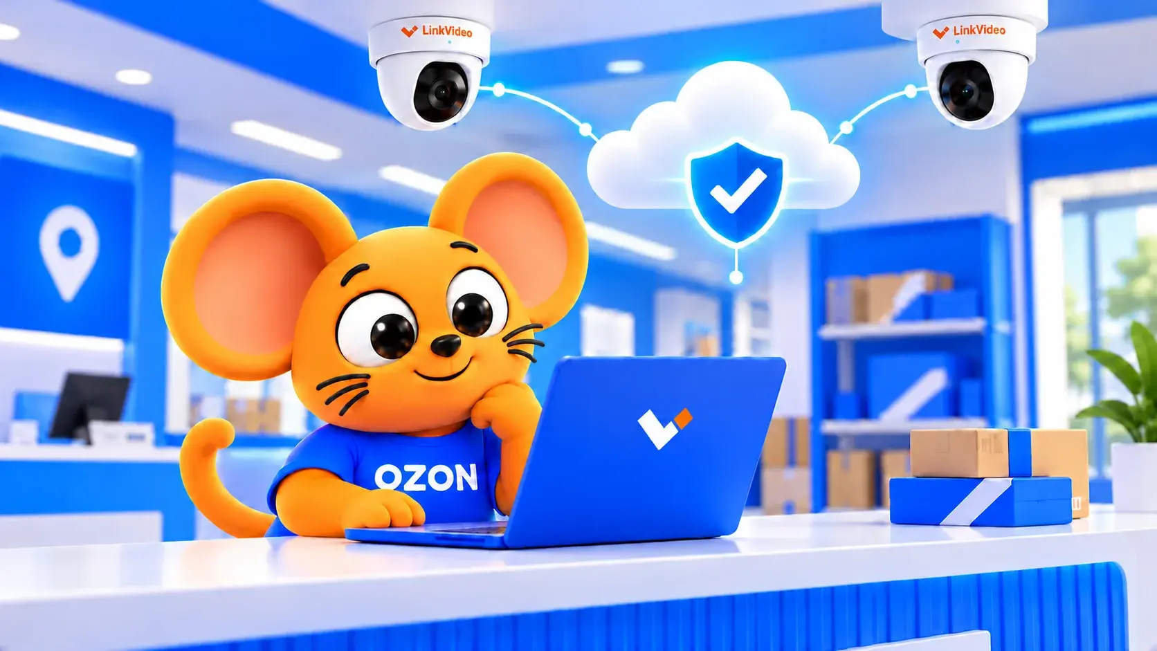 Оранжевый маскот проверяет облачное подключение камер в ПВЗ Ozon