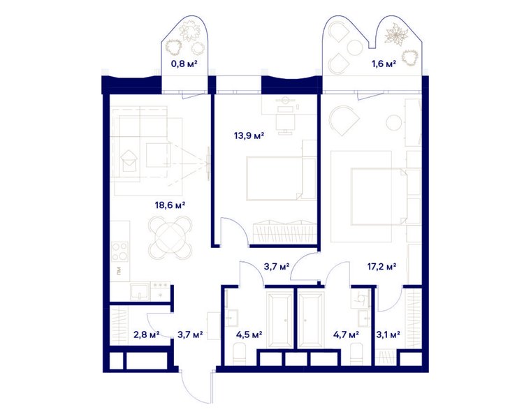 Планировка 2-комнатной квартиры 74,6 м² в ЖК «СОЮЗ»: дом 5, 7-й этаж
