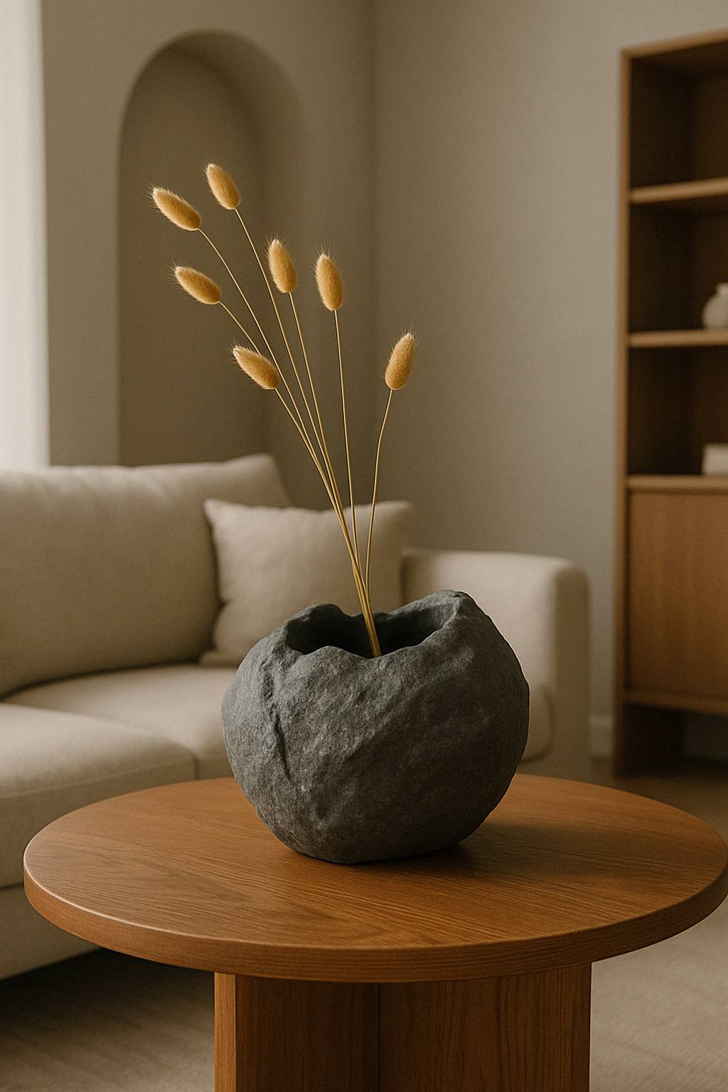 Wabi-Sabi vase on a rustic wooden coffee table with pampas grass.