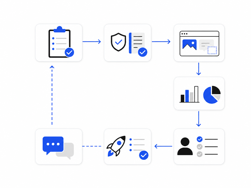 A control loop connects the brief, evidence, AI generation, evaluation, human review, launch and feedback.