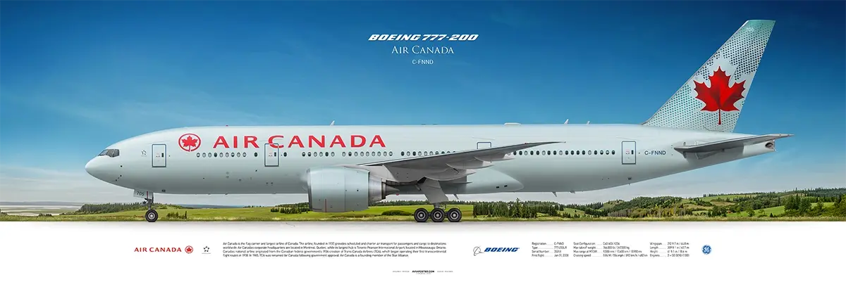 Poster, profile of an Air Canada Boeing 777-200 aircraft in Frosted Leaf livery on a landscape background
