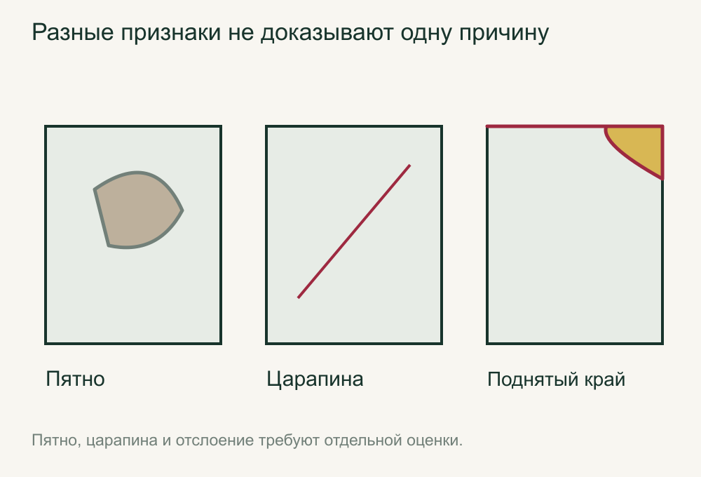 Условные примеры пятна, царапины и поднятого края слоя