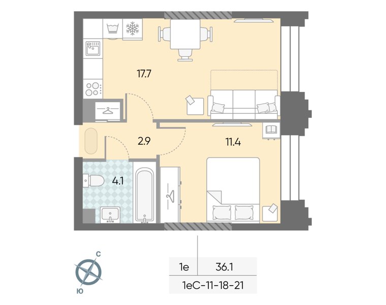 Планировка 1-комнатной евроквартиры 36,1 м² в доме «СПАРК» (ЗИЛАРТ): дом 21, 29-й этаж