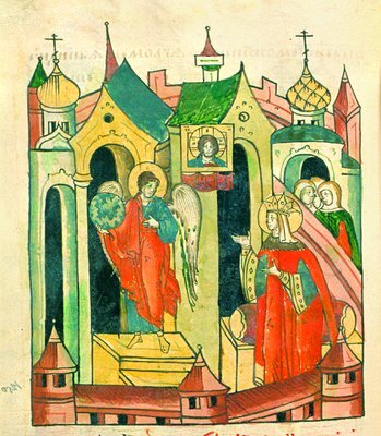 Явление ангела благоверной великой княгине Евдокии Димитриевне. Миниатюра из Лицевого летописного свода. 70-е гг. XVI в.