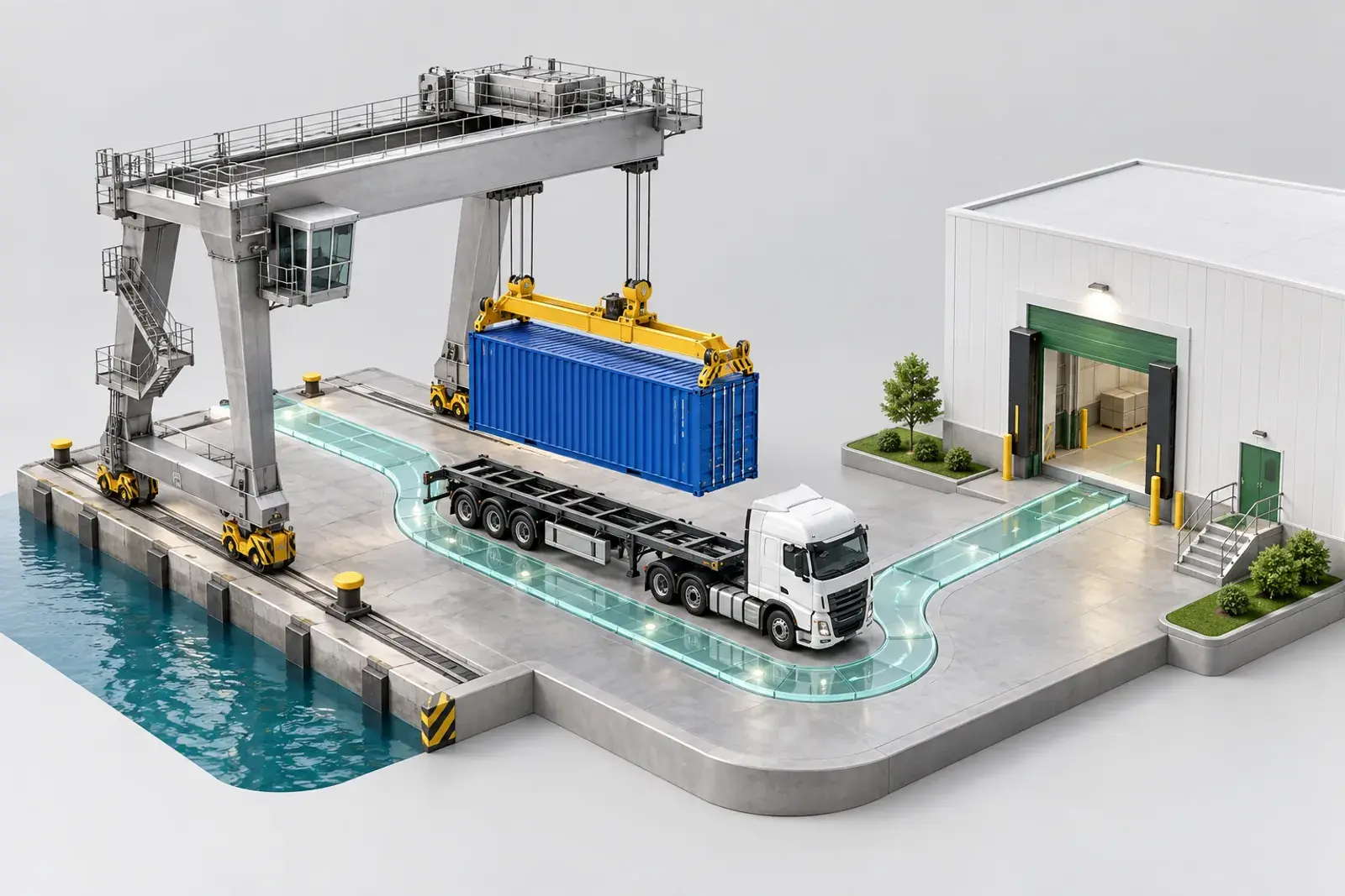 Concept illustration of a container moving between a port, a truck and a warehouse.