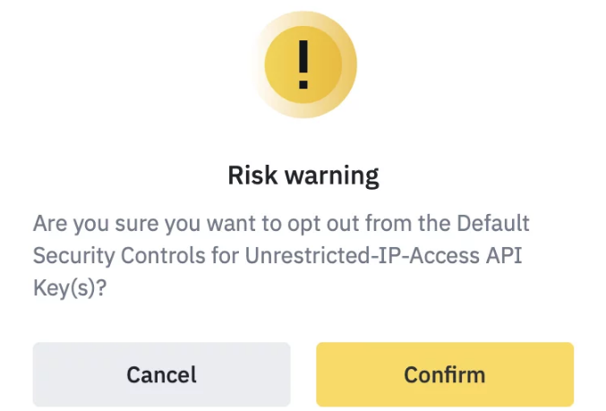 Binance API example: Risk Warning window