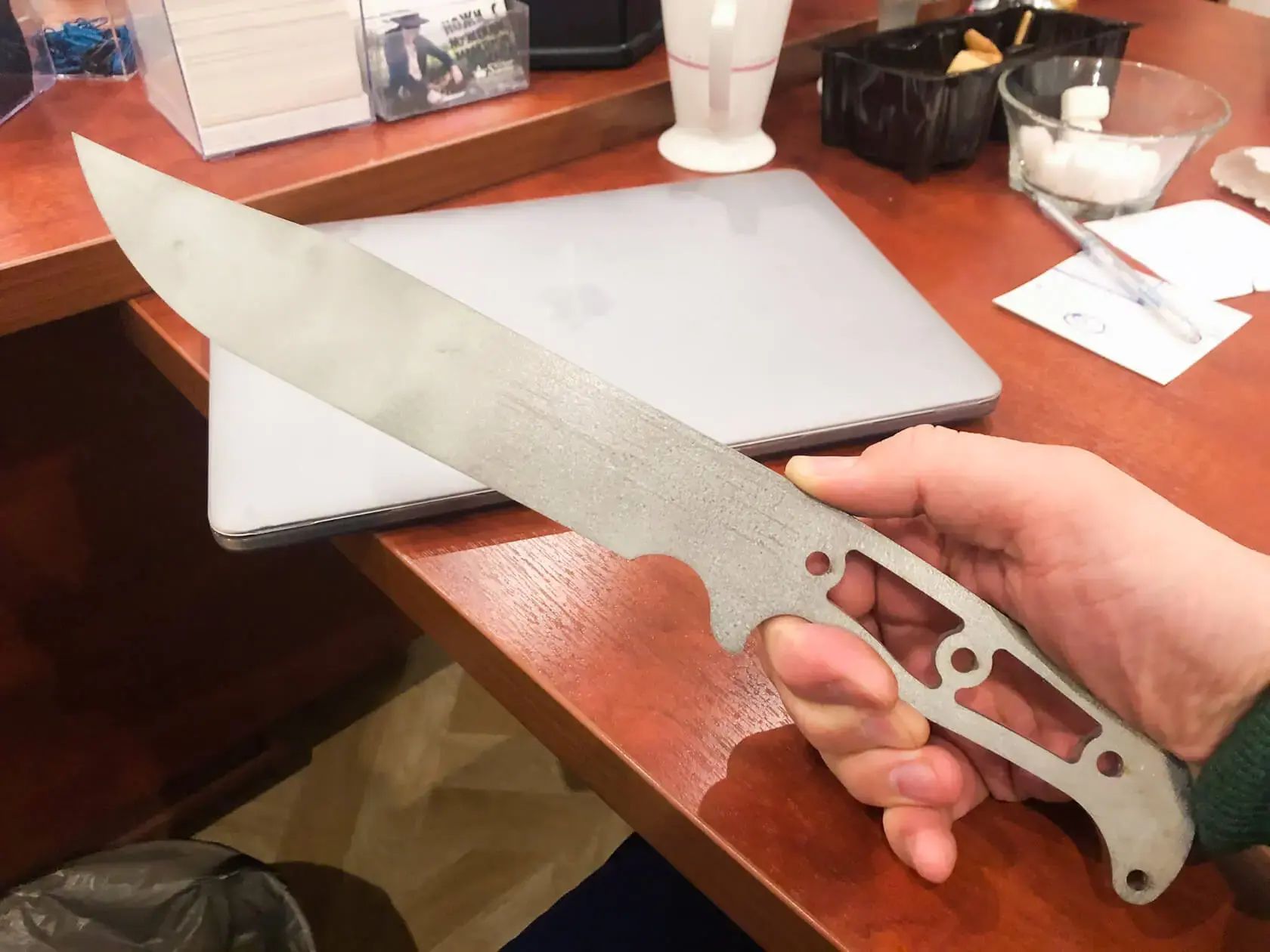 Bastardo blade blank inspected during manufacturing