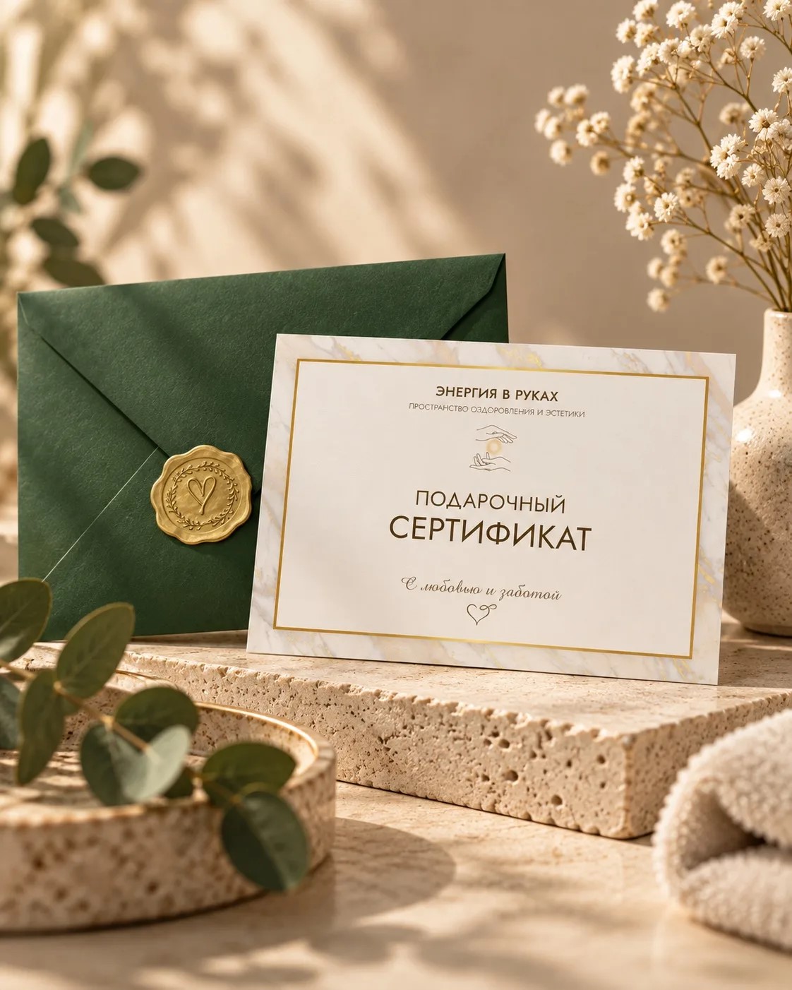 Лицевая сторона подарочного сертификата «Энергия в руках» с зелёным конвертом