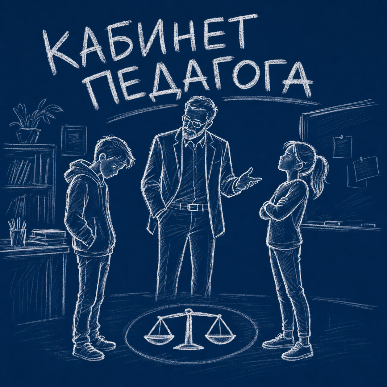 Иллюстрация кабинета педагога: учитель разговаривает с учеником и ученицей у школьной доски