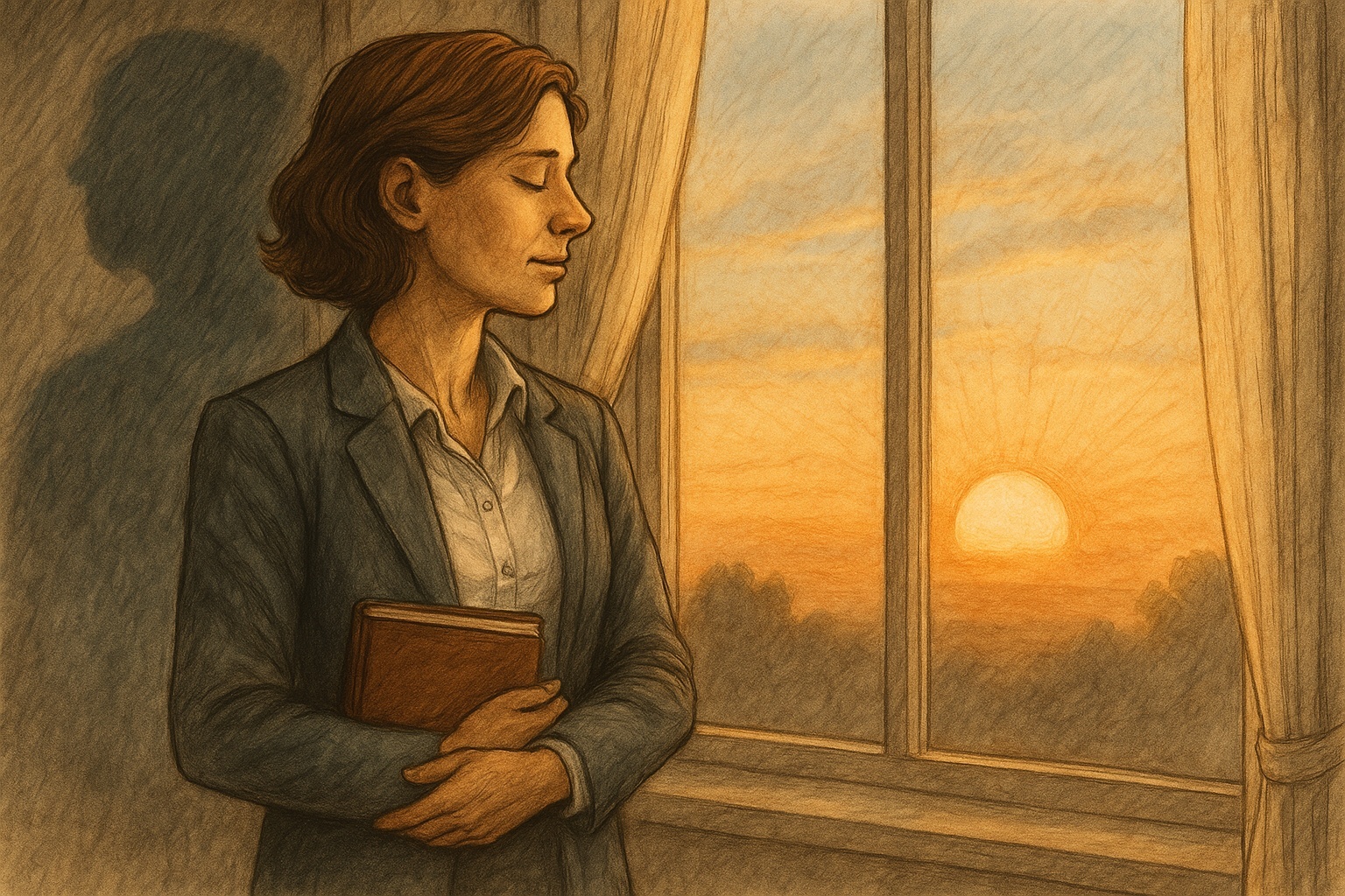 Психолог у окна, в лучах восходящего солнца. Символ восстановления и возвращения к себе