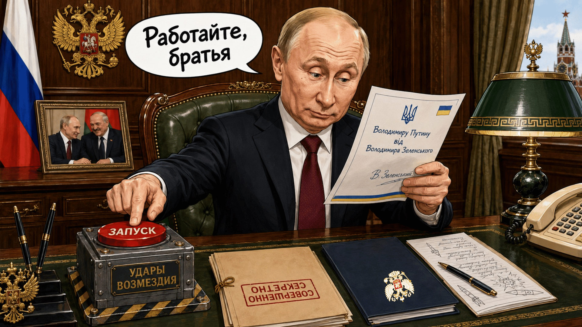 ИИ-карикатура Работайте братья Путин письмо Зеленского ПМЭФ-2026 автор промпта Константин Белов