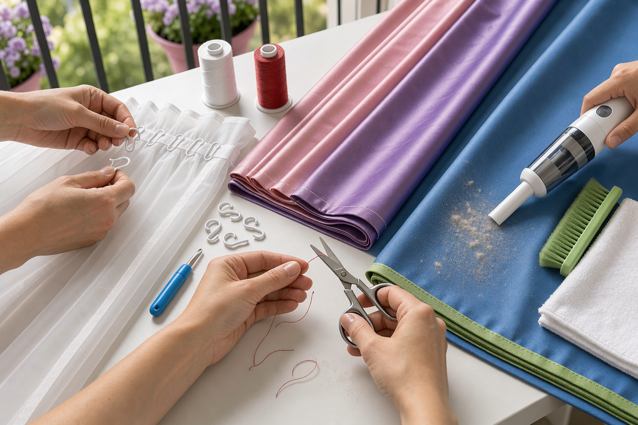 Hands removing curtain hooks and trimming loose threads, vacuuming dust from curtain fabric on a balcony, close-up of different curtain textiles laid out for inspection