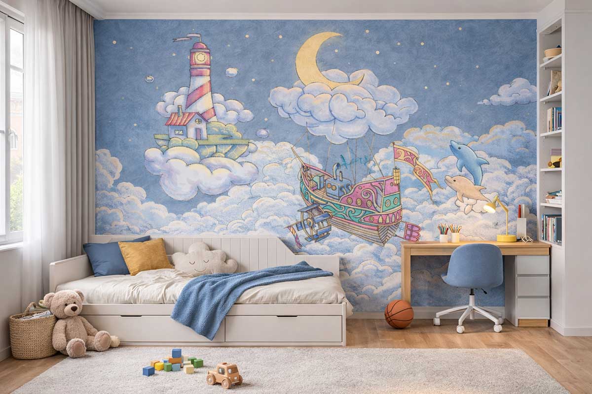 фотообои летающий корабль в детской комнате интерьер с голубыми облаками и маяком