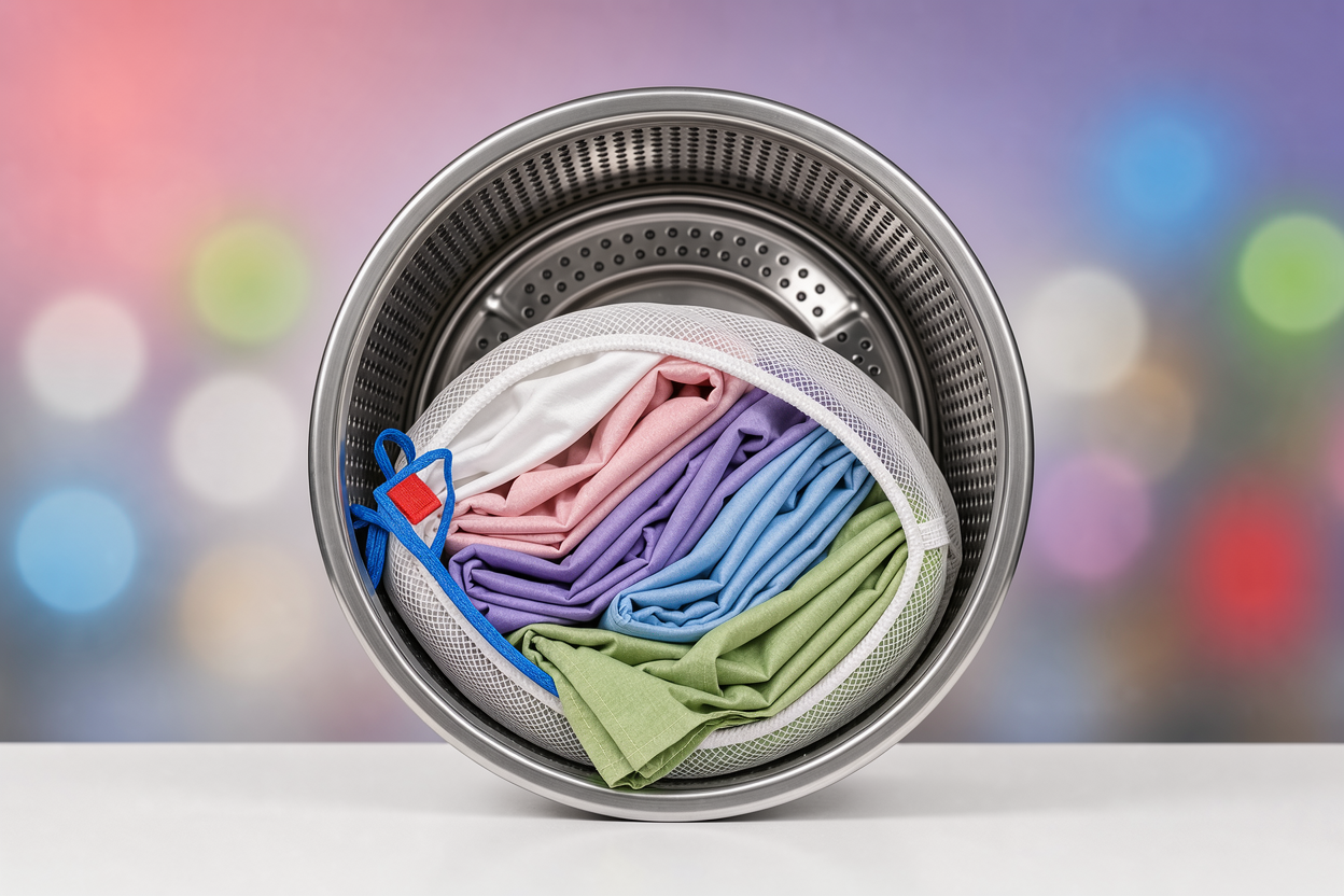 Washing machine drum with loosely folded curtains inside a laundry bag, visible fabric folds and soft textures, no detergents or bottles