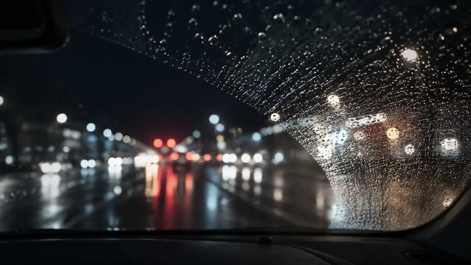 Капли дождя на обработанном автомобильном стекле