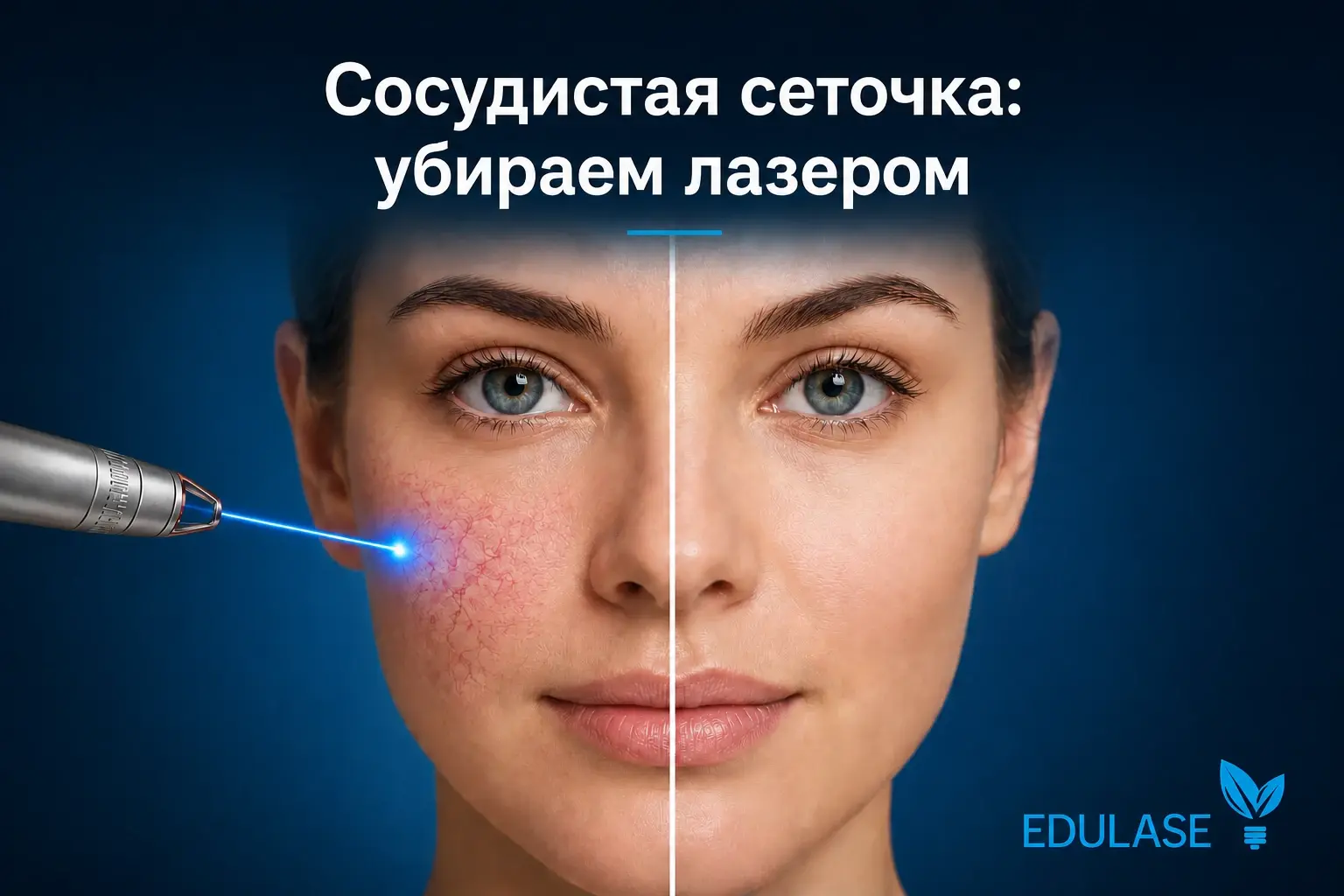 Лазерное удаление сосудистой сеточки на лице – телеангиэктазии, купероз, 445 нм.
