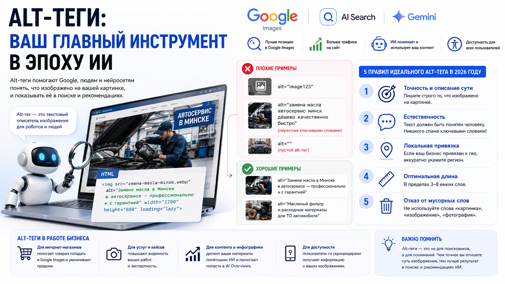 Alt-тег остается одним из самых важных элементов SEO для изображений. Он помогает Google, Gemini и другим ИИ-системам правильно понимать содержание картинки и показывать её нужной аудитории.