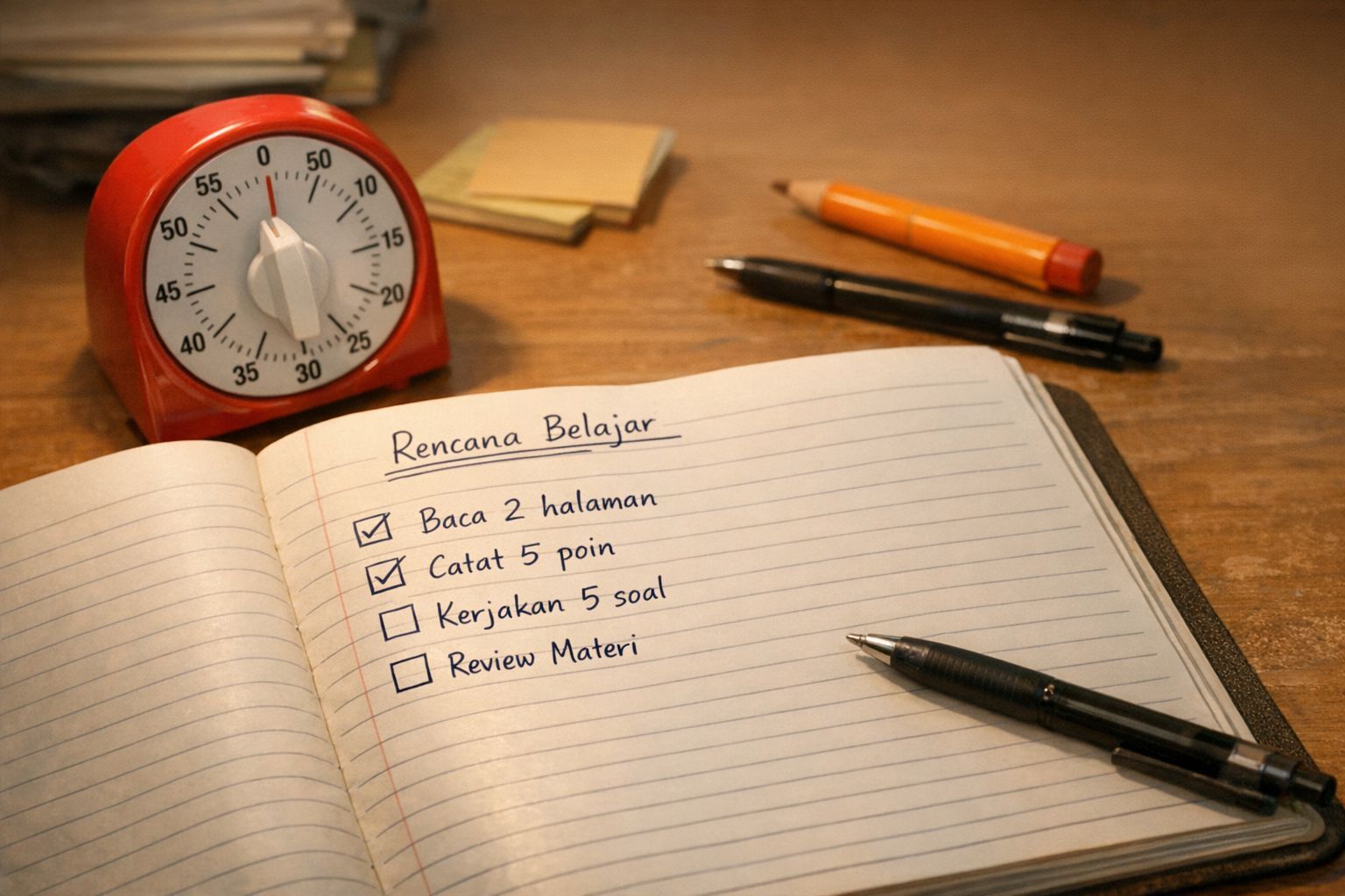 Catatan rencana belajar 20 menit dengan target kecil yang spesifik dan timer di meja