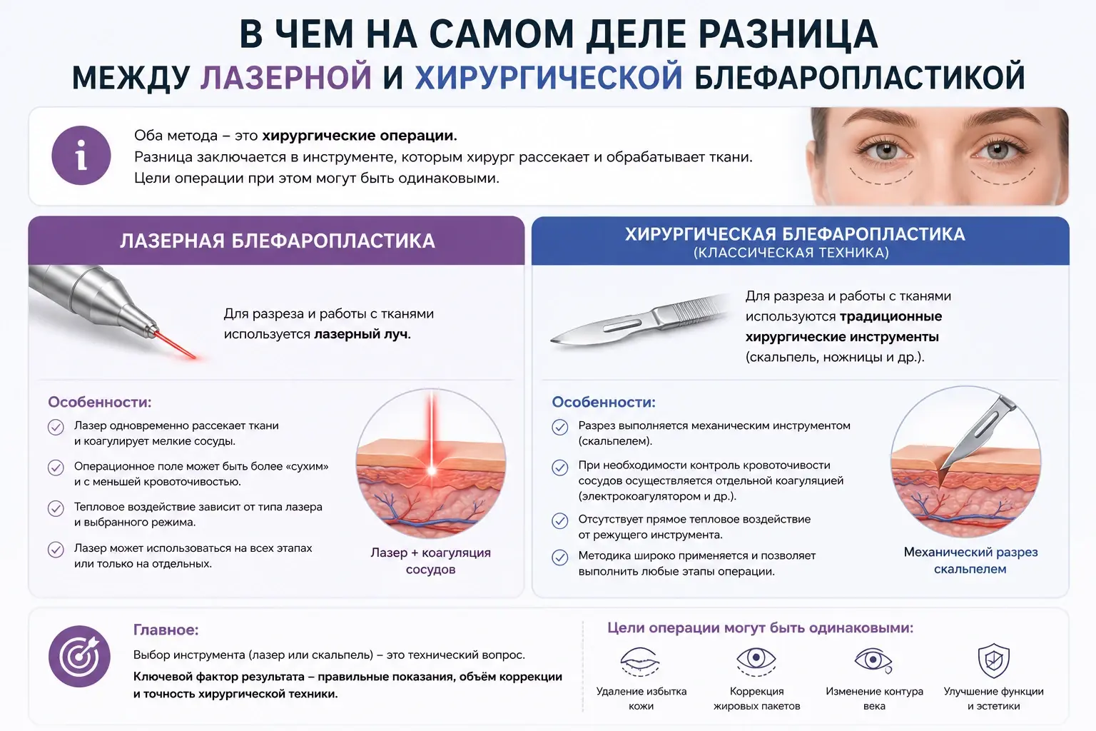 Разница между лазерной и хирургической блефаропластикой