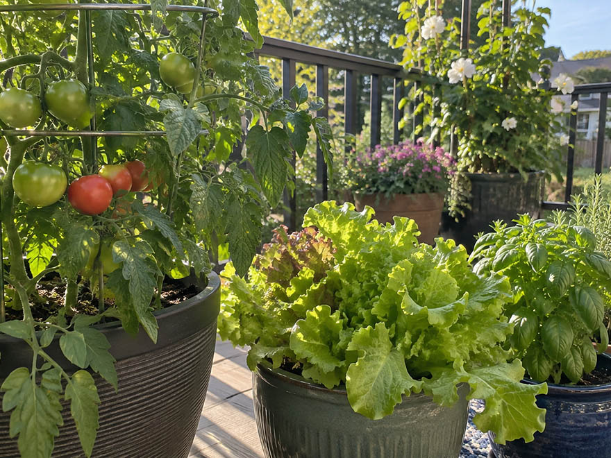A thriving patio container garden after fixing common mistakes