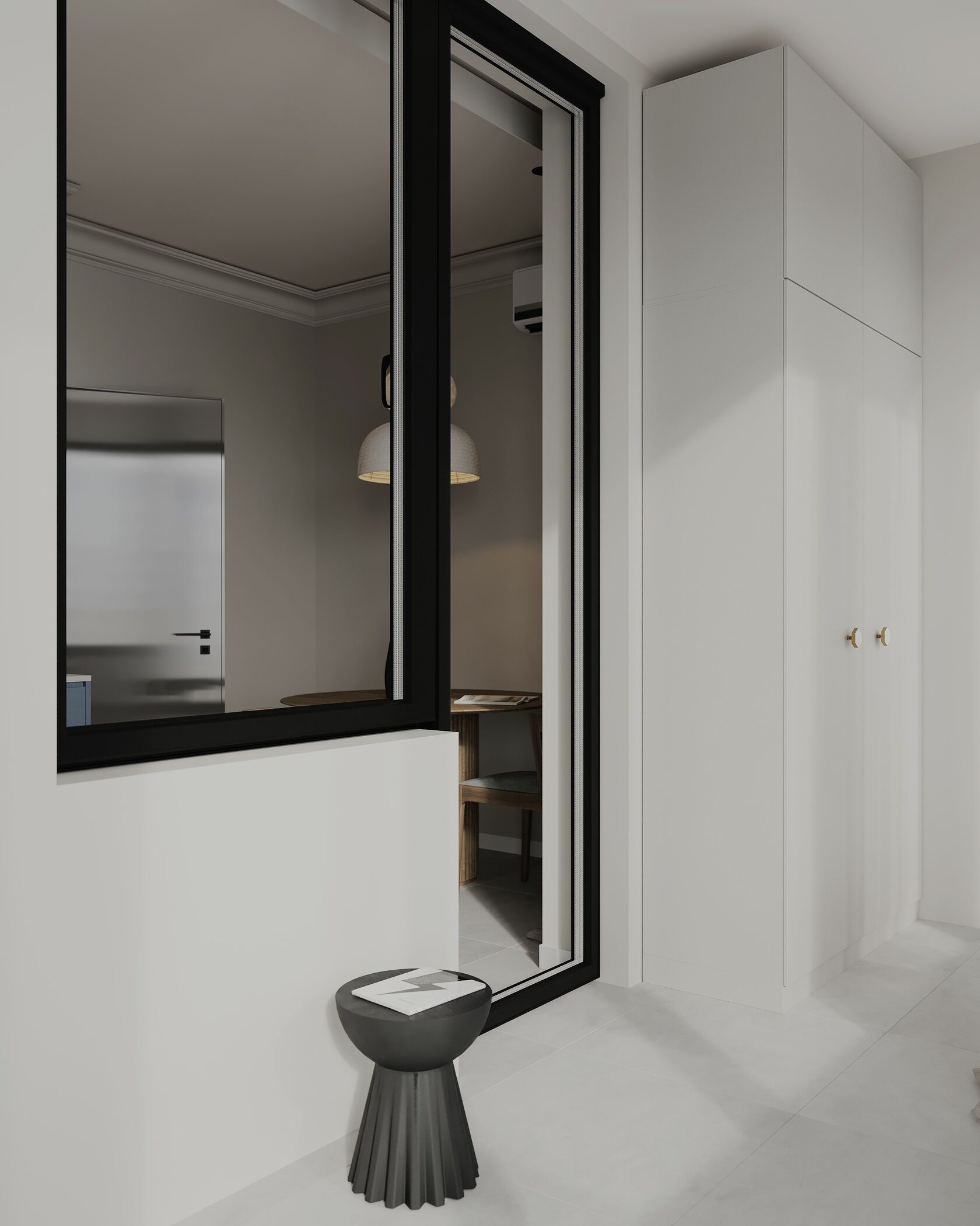 интерьер с черной рамой окна 