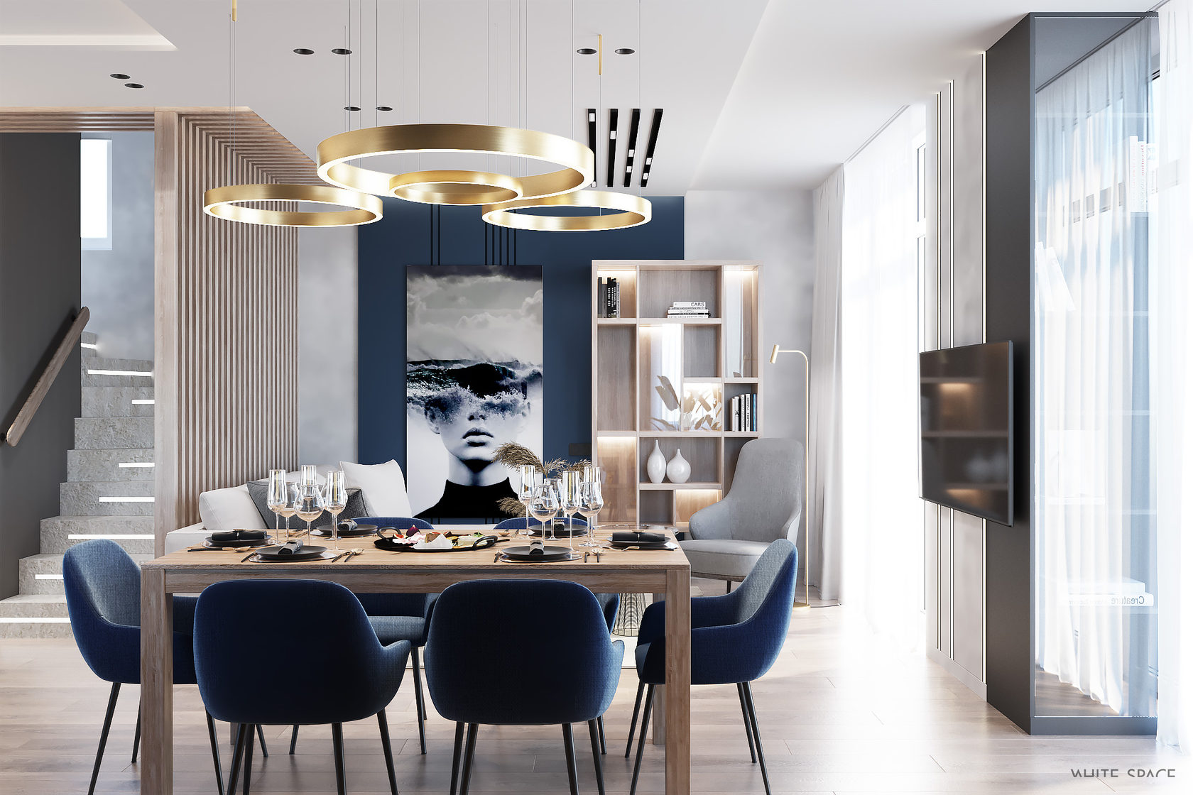 Salle à manger avec table en bois, chaises bleues et suspensions dorées