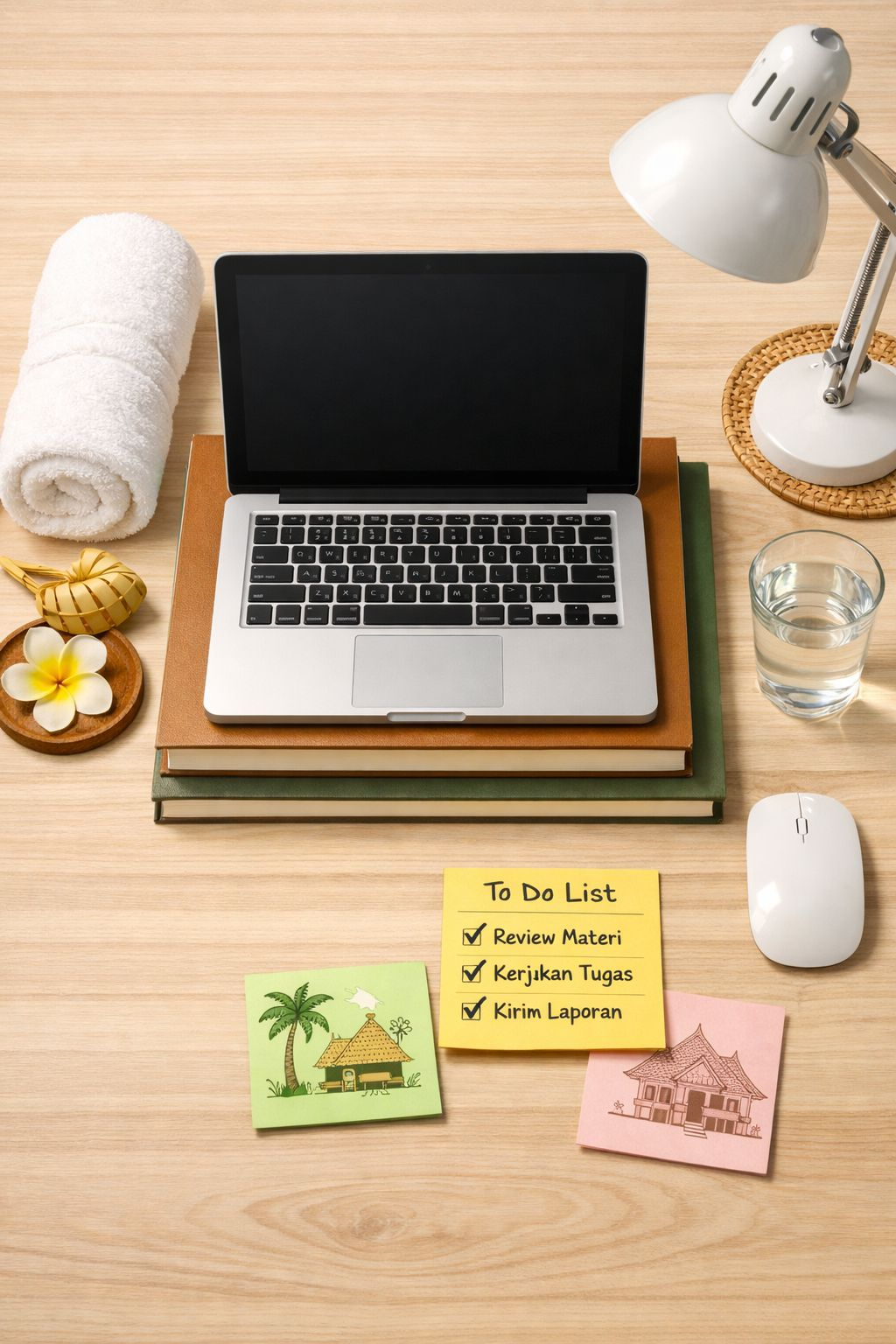 Setup ergonomis murah di atas meja dengan laptop di atas buku, lampu meja, mouse, air minum, dan perlengkapan kerja sederhana