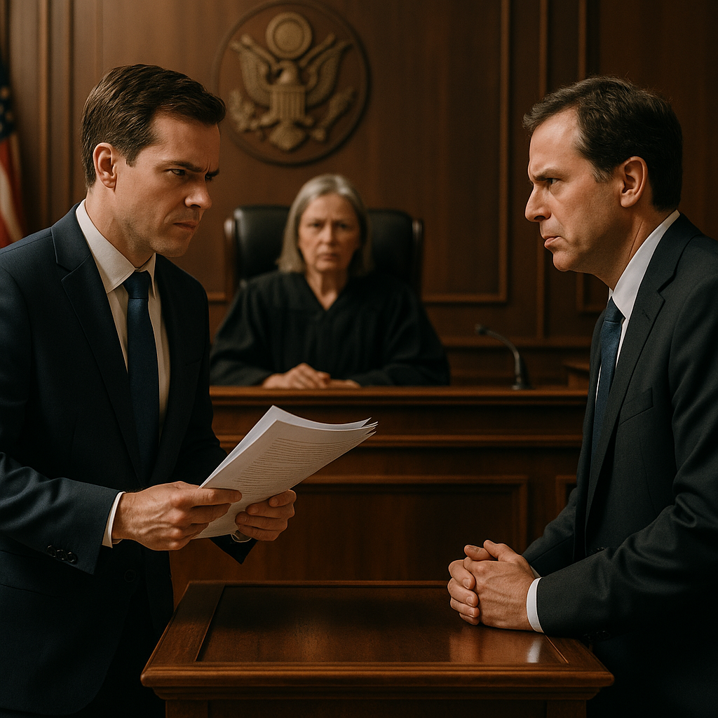 Судебное заседание: юрист истца с документами против представителя страховой компании, на фоне судья внимательно следит за спором.