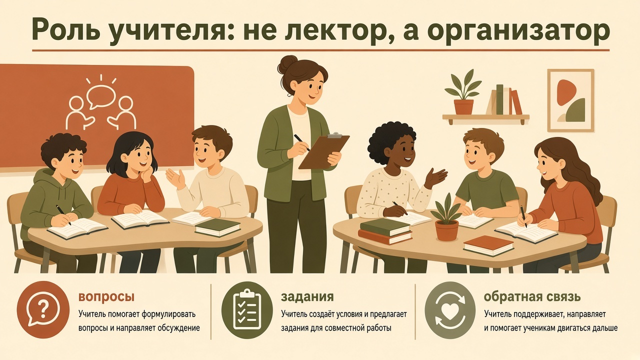 Учитель создаёт условия, в которых интеллектуальную работу выполняют дети