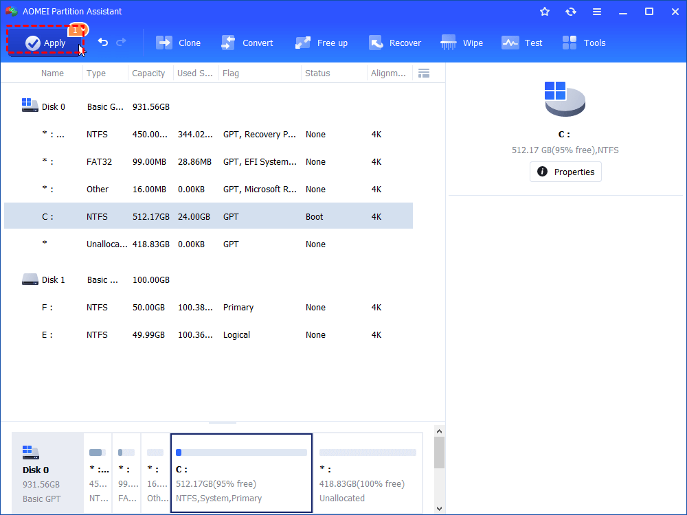 Step 3. Now you can see the unallocated space has been added to C drive. To save the change, please click “Apply” button in the top left corner.