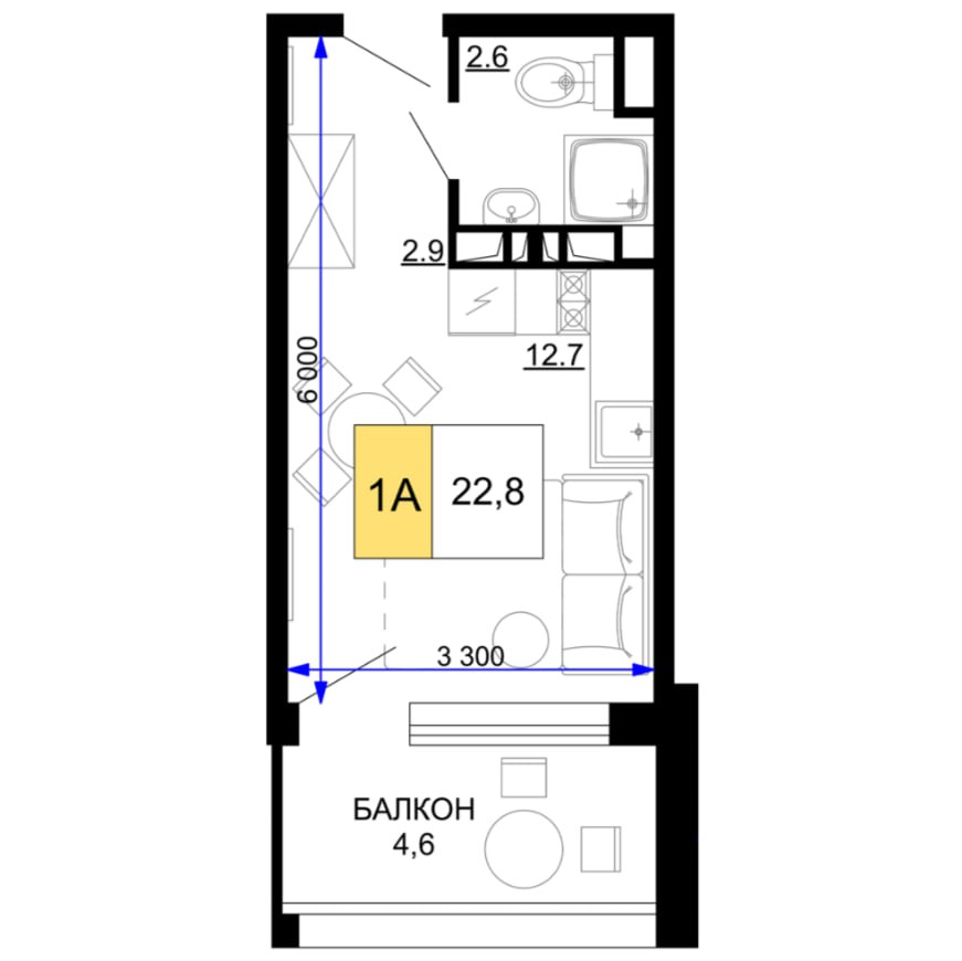 Планировка студия 22,8 м²