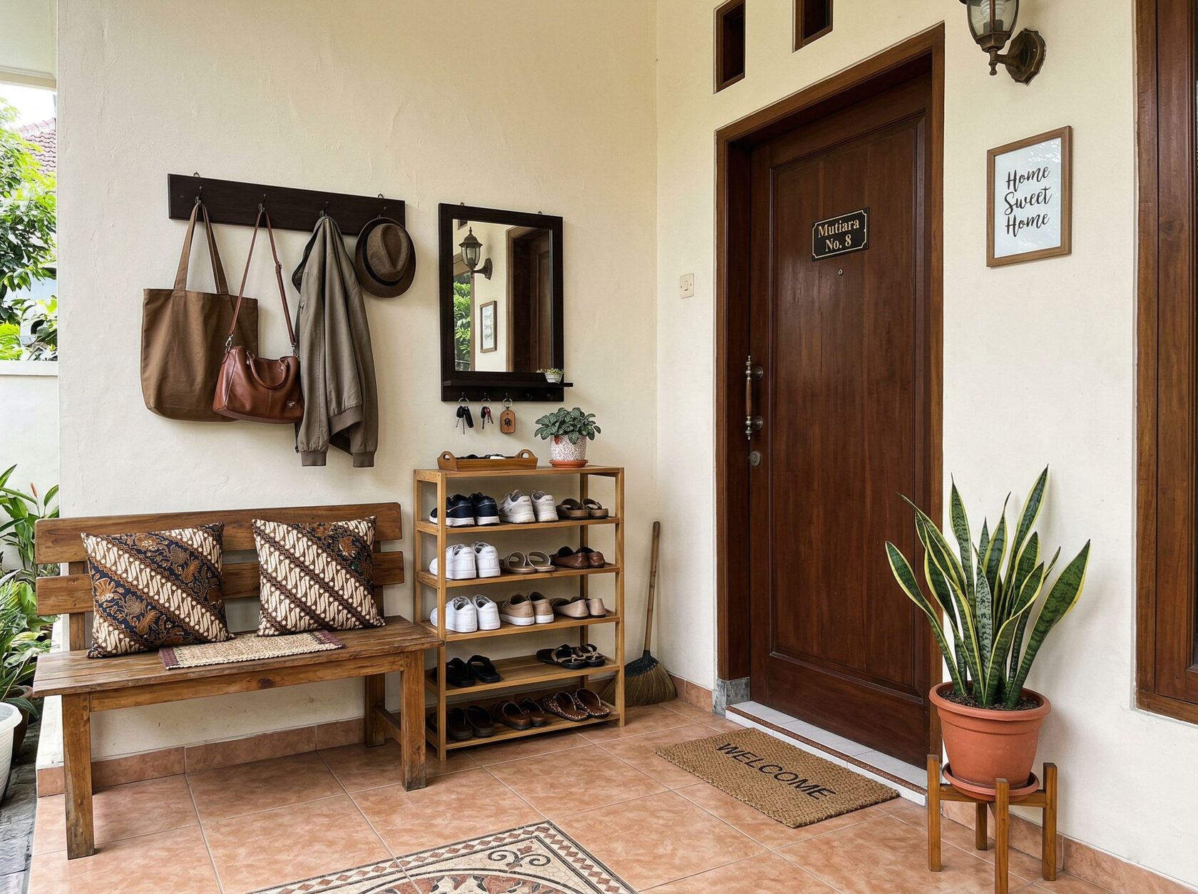Area pintu masuk rumah rapi dan nyaman tanpa renovasi mahal