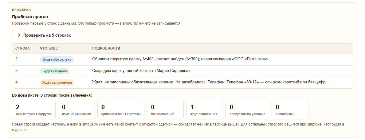 Шаг «Проверка и запуск»: пробный прогон первых строк — будет обновлено, будет создано, ждёт заполнения — и сводка по листу