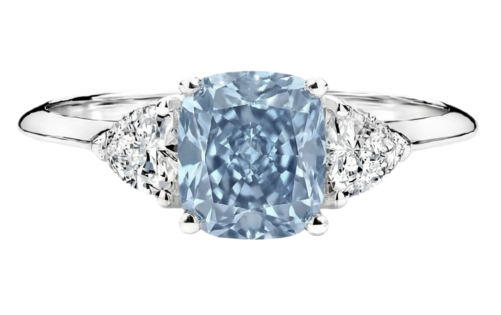 Кольцо трилогия с выращенным голубым бриллиантом огранки кушон и двумя боковыми бесцветными лабораторными бриллиантами огранки Триллиант