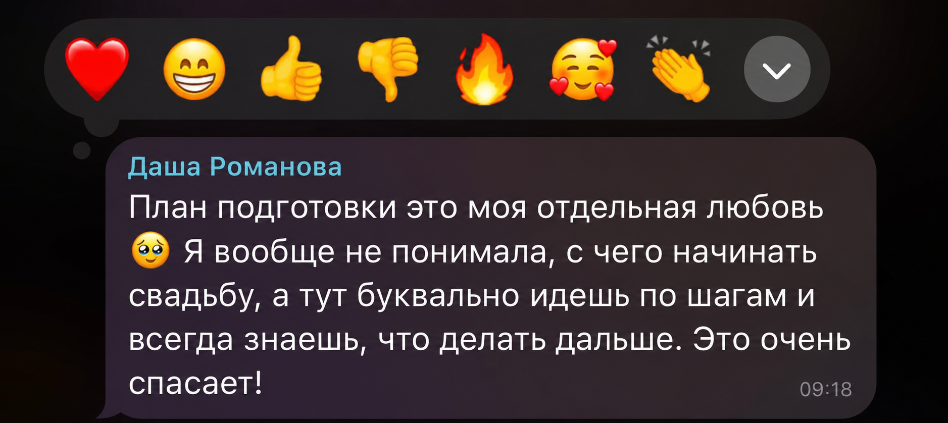 Скриншот отзыва Даши Романовой о свадебном планере WeddMapp