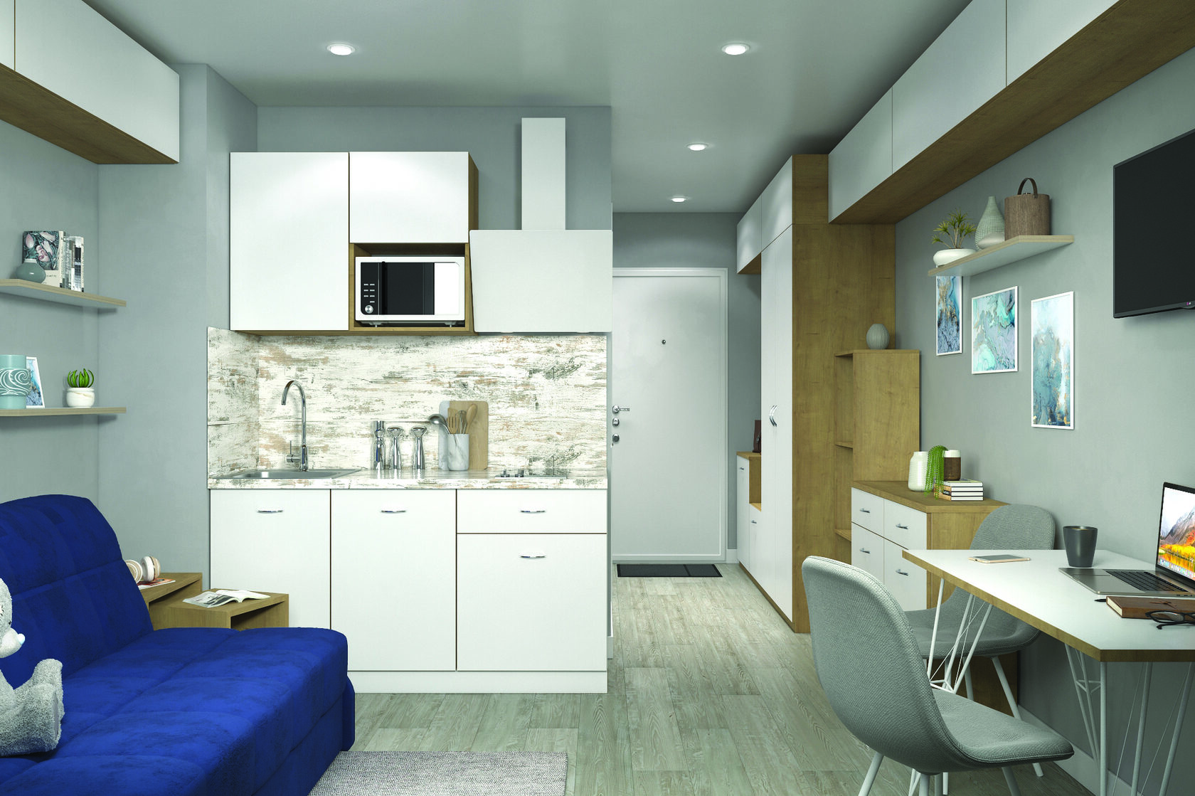 Вариант с синим диваном и дополнительными шкафами