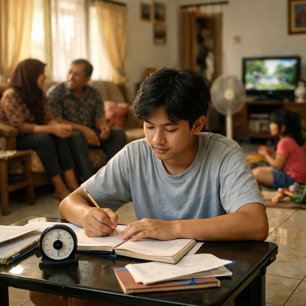 Pelajar belajar fokus di ruang keluarga yang ramai dengan timer 20 menit di meja