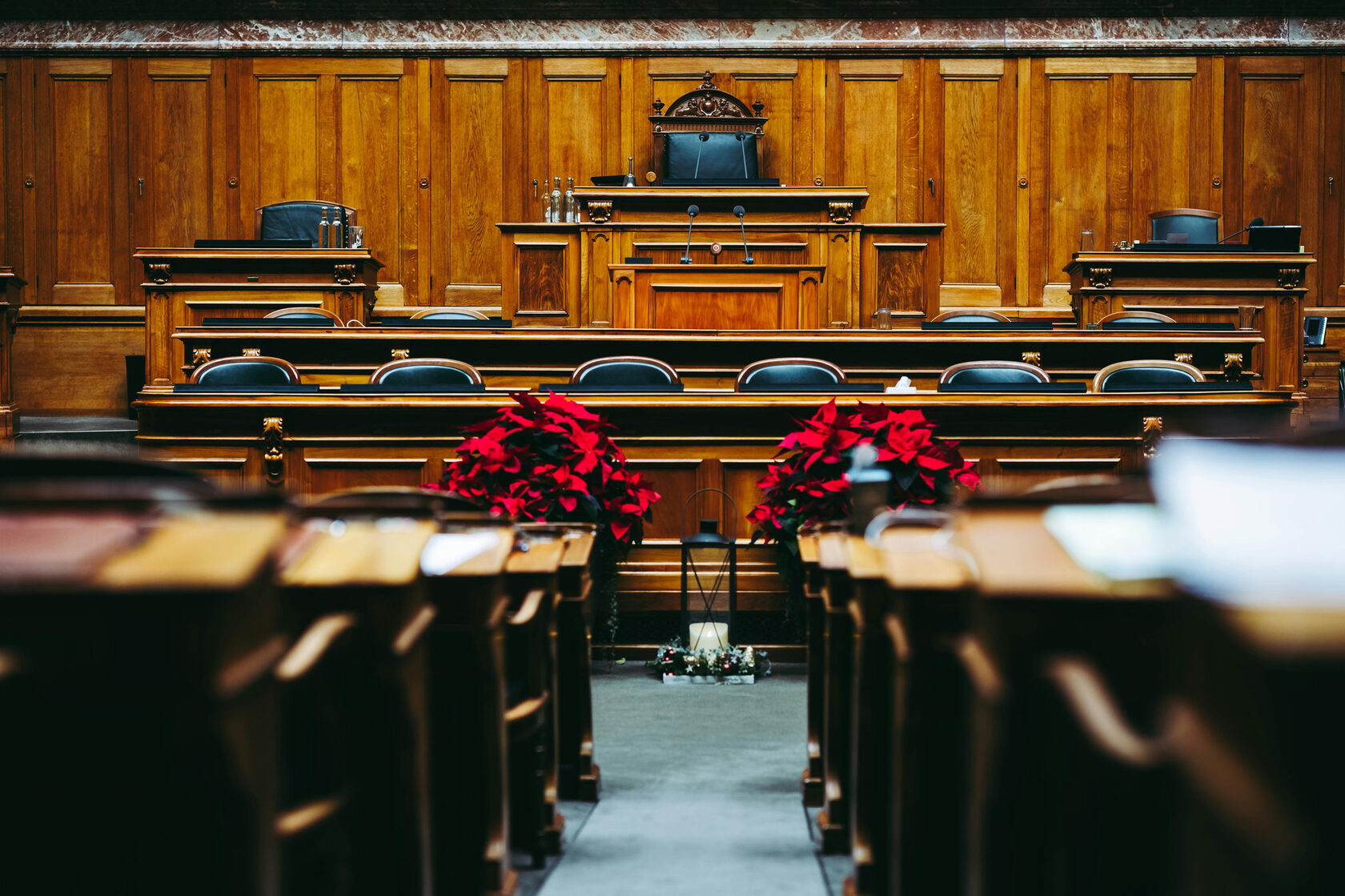 Family law courtroom  showing judge’s bench where contested divorce hearings take place.