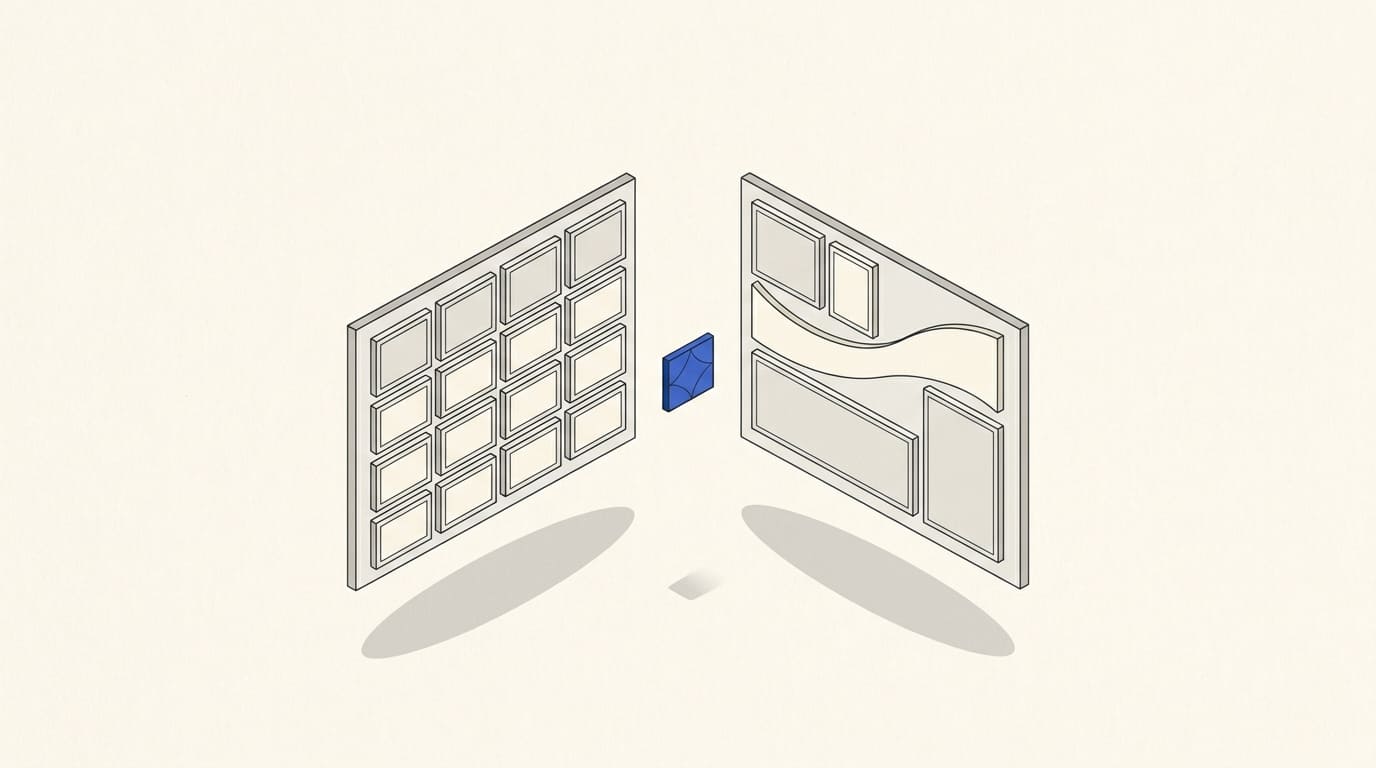 A website with a repeated modular grid beside a custom layout using blocks of different proportions.