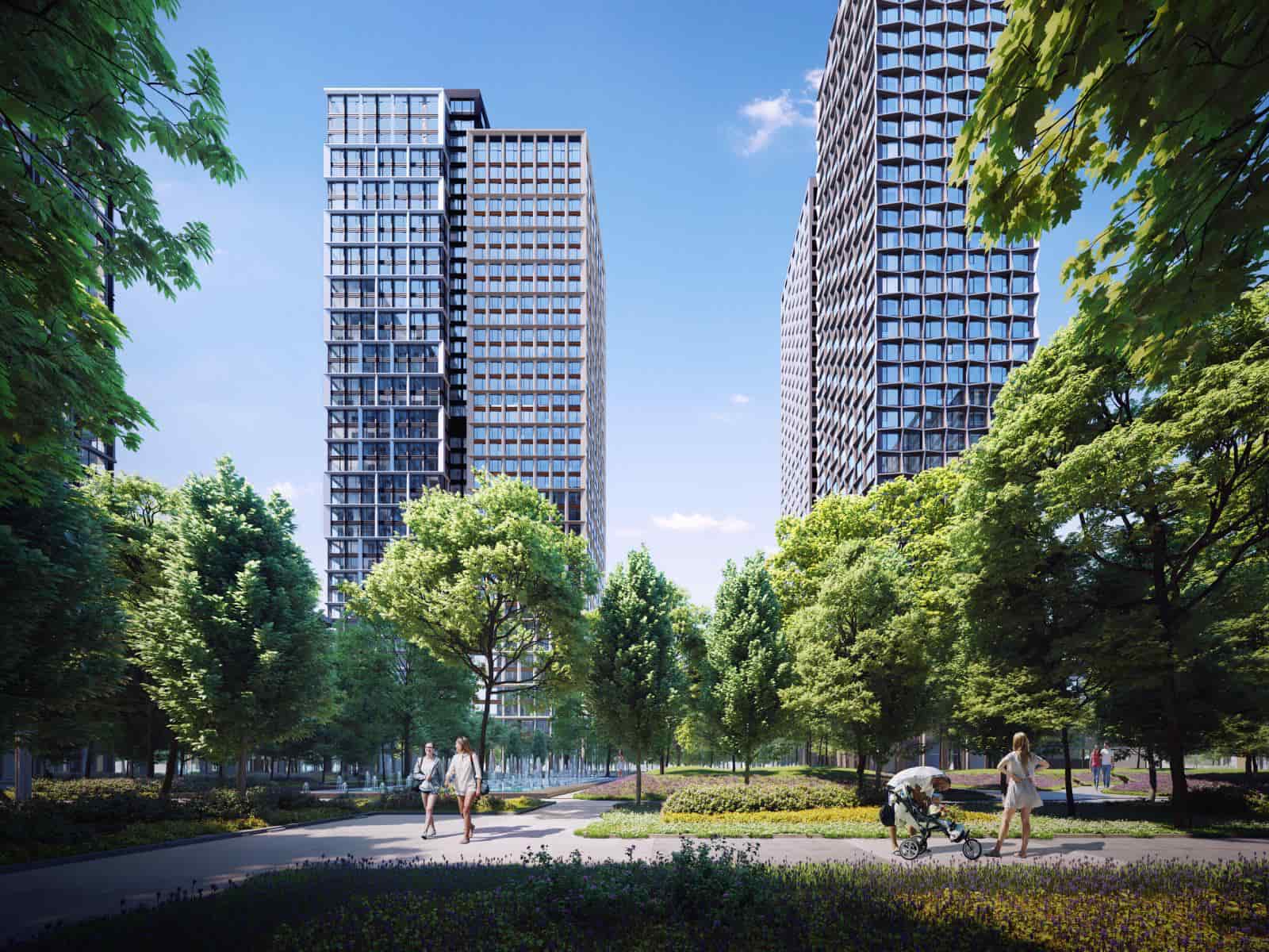 Зелёная прогулочная зона между башнями Prime Park