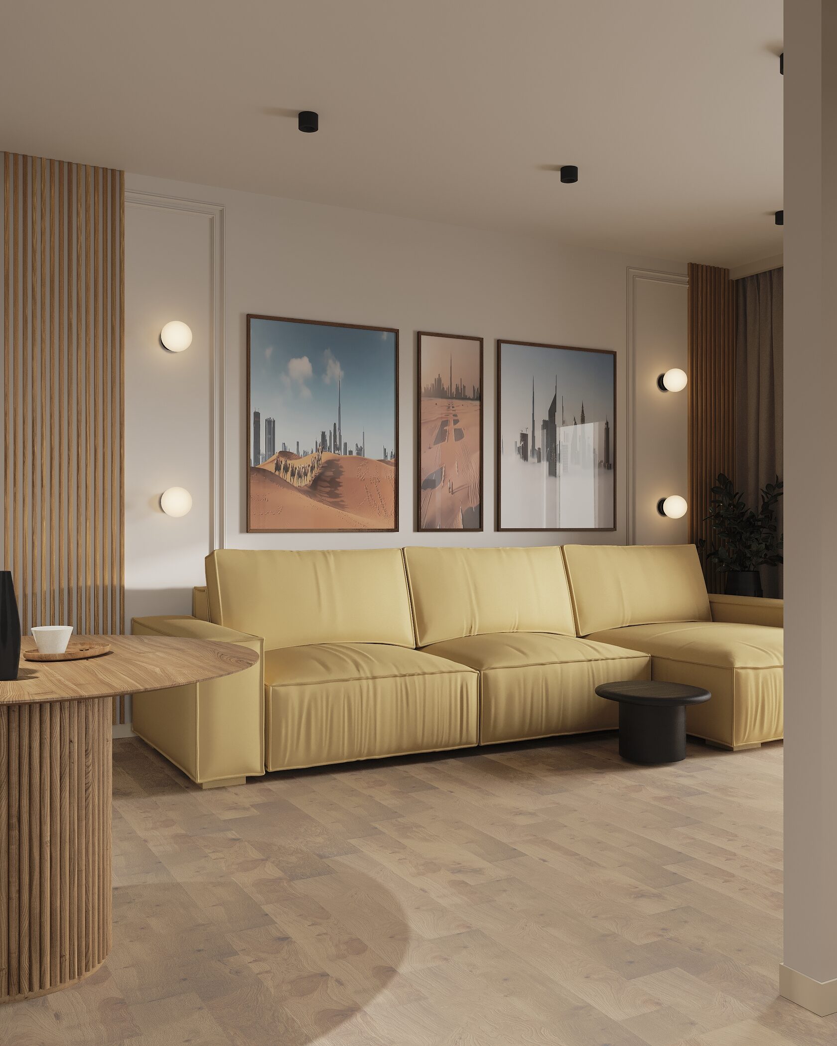 Желтый диван в интерьере гостиной 