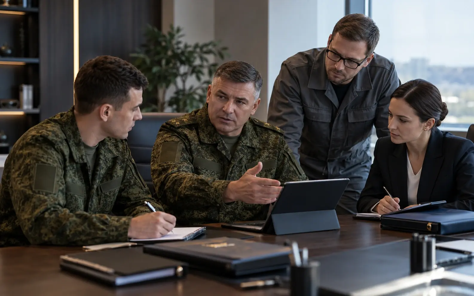 Военные специалисты проводят административное совещание по вопросам безопасности