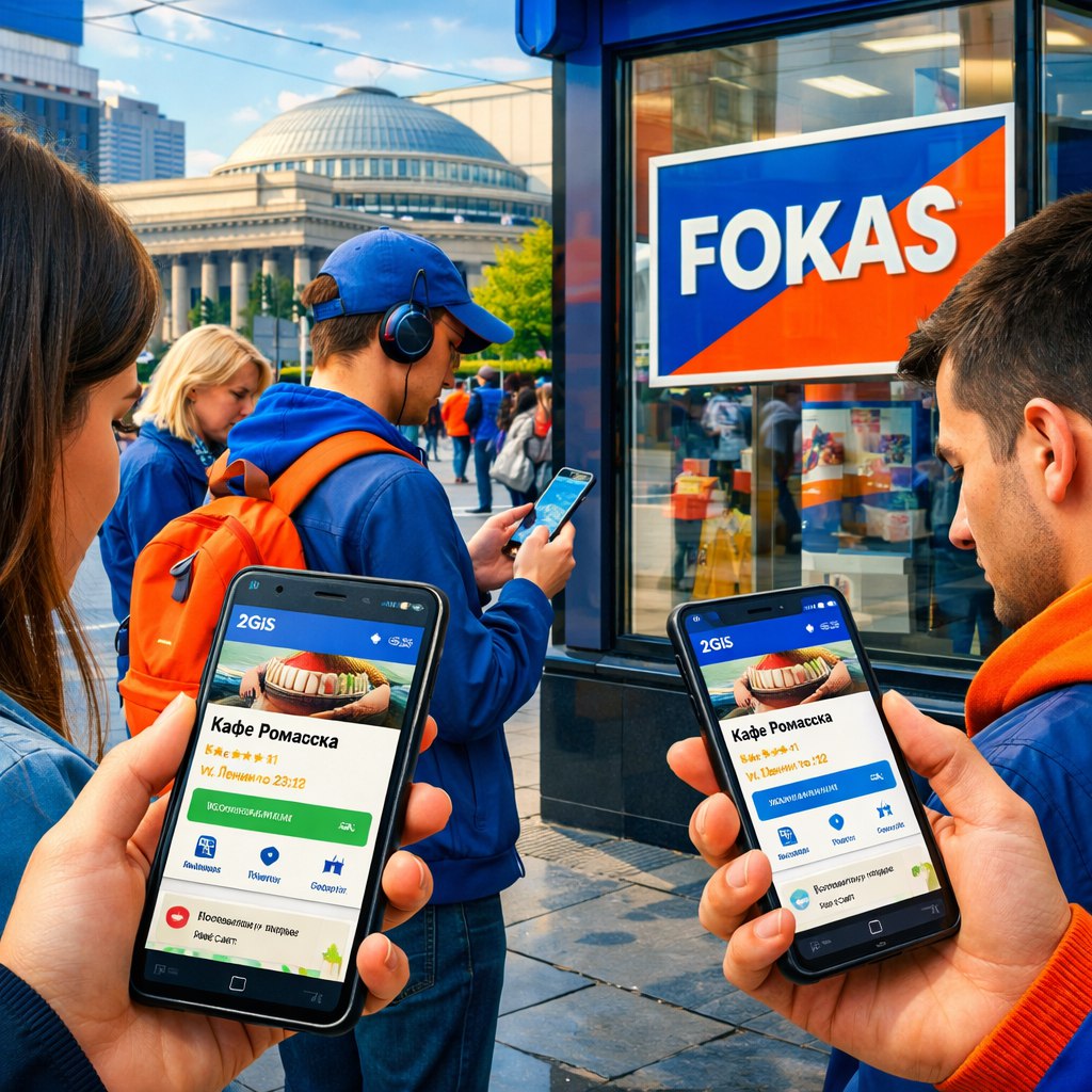 Прохожие в Новосибирске смотрят рекламу в 2ГИС