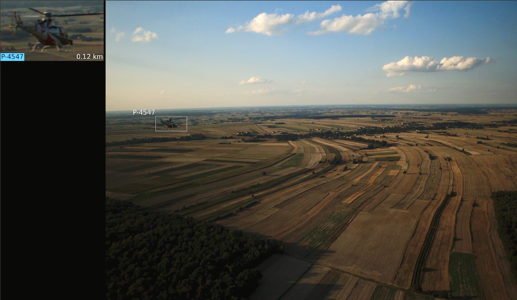 Aerial traffic is identified with a rectangular bounding box and a close-up inset image on the OmniX interface displaying the Visual Traffic Detection system.