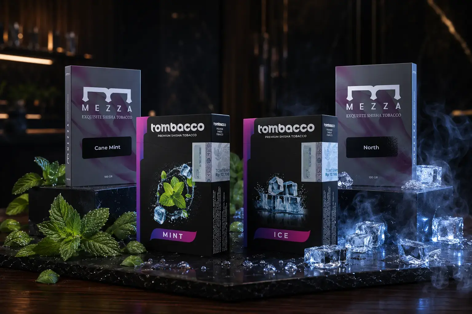 Premium Tombacco and Mezza shisha tobacco products featuring mint and ice flavors for an Ice vs Mint Shisha comparison.
