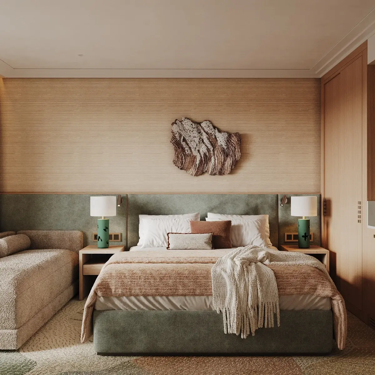 Визуализация VOLNA Resort: спальня с кроватью и диваном